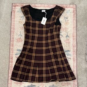 Aritzia Sunday Best Doe brown primrose check mini dress